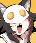  1girl :3 :d absurdres animal_ear_fluff black_hair blush close-up cocomayo29_(tomato) commentary_request covered_eyes fang food food_on_head fried_egg highres hololive korean_commentary long_hair multicolored_hair object_on_head ookami_mio orange_background parody photo-referenced red_hair smile solo streaked_hair tail virtual_youtuber wolf_girl wolf_tail 