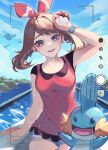  2girls :d ariekochan boat bow brown_hair cloud cloudy_sky cynthia_(pokemon) grey_eyes hair_bow highres holding holding_poke_ball looking_at_viewer may_(pokemon) mudkip multiple_girls open_mouth pelipper poke_ball poke_ball_(basic) pokemon pokemon_(creature) pokemon_oras red_bow red_shirt shirt shorts sky smile teeth upper_teeth_only viewfinder water watercraft wingull 