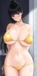  1girl arms_behind_back bikini black_hair blue_eyes blush breasts closed_mouth collarbone commission cowboy_shot gold_bikini groin high_ponytail highres large_breasts long_hair looking_at_viewer navel original side-tie_bikini_bottom skeb_commission solo stomach swimsuit thick_eyebrows tono_munekage v-shaped_eyebrows very_long_hair 