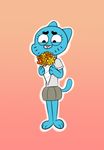  2017 anthro barefoot blue_fur cartoon_network cat cerealkat clothing digital_media_(artwork) eyelashes feline female flower fur holidays looking_pleasured mammal mother&#039;s_day nicole_watterson plant shirt simple_background skirt smile solo standing the_amazing_world_of_gumball whiskers 