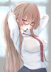  1girl absurdres adjusting_hair azur_lane blush breasts brown_hair glasses hair_ribbon highres large_breasts long_hair looking_at_viewer mole mole_under_mouth necktie official_alternate_costume p.i.t.d ponytail red_eyes red_necktie ribbon semi-rimless_eyewear shirt skirt solo swiftsure_(azur_lane) swiftsure_(study_hall_cyclamen)_(azur_lane) white_shirt 