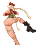  1girl ahoge beret blonde_hair blue_eyes bodypaint boots braid cammy_white camouflage combat_boots fingerless_gloves gloves green_leotard hat legs leotard long_hair scar scar_on_cheek scar_on_face simple_background solo starshadowmagician street_fighter sweat thong_leotard twin_braids white_background 