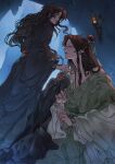  2boys black_hair black_hanfu bracer brown_hair cave chinese_clothes closed_eyes djuney9 english_commentary facial_mark fire forehead_mark furrowed_brow green_ribbon hair_bun highres kneeling long_hair looking_at_another luo_binghe multiple_boys official_art parted_lips partially_undressed red_eyes renzha_fanpai_zijiu_xitong ribbon ribboned_xiao_guan sash shen_qingqiu single_off_shoulder standing torch torn_clothes water waterfall wet wet_clothes wet_hair xiao_guan_(headdress) zuiyin 