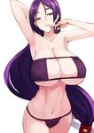  armpits bare_shoulders bikini breasts cleavage curvy eyepatch_bikini fate/grand_order fate_(series) highres huge_breasts long_hair low-tied_long_hair minamoto_no_raikou_(fate/grand_order) navel pen_(pen3) purple_bikini purple_eyes purple_hair raised_eyebrows simple_background solo swimsuit very_long_hair white_background wide_hips 