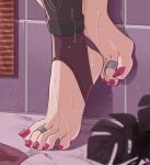  1girl absurdres barefoot blurry blurry_foreground commentary english_commentary feet feet_only foot_focus footwear_focus high_heels highres honkai:_star_rail honkai_(series) indoors jewelry kafka_(honkai:_star_rail) mohoshadream nail_polish no_shoes plant purple_background purple_nails see-through see-through_legwear shadow solo standing standing_on_one_leg stirrup_legwear tile_wall tiles tiptoes toe_ring toeless_legwear toenail_polish toenails toes water_drop wet 