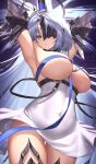  1girl absurdres alsace_(azur_lane) armored_legwear armpits arms_behind_head ass_visible_through_thighs azur_lane bare_shoulders between_breasts black_gauntlets black_tiara blue_eyes blue_hair blue_ribbon blush breast_ribbon breast_strap breastless_clothes breasts covered_navel detached_collar dress eiryu33 eye_mask gauntlets hair_between_eyes hair_ornament halo halo_behind_head highres large_breasts long_hair looking_at_viewer o-ring one_eye_covered parted_bangs parted_lips ribbon skindentation solo thigh_gap thighs tiara very_long_hair white_dress 