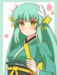  1girl absurdres blush border breasts closed_mouth commentary_request dragon_horns drop_shadow fate/grand_order fate_(series) green_border green_hair green_kimono hair_between_eyes heart highres holding horns japanese_clothes kimono kiyohime_(fate) long_hair long_sleeves looking_at_viewer obi sash simple_background small_breasts smile solo upper_body very_long_hair white_background wide_sleeves yellow_eyes yuya090602 
