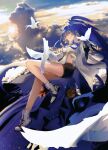  1girl absurdres arknights belly_chain bird blue_eyes blue_hair cloud flying grin highres jewelry ling_(arknights) long_hair looking_at_viewer shorts smile xinjinjumin6281053 