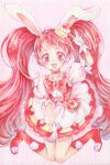  1girl absurdres amu_(m_aa) animal_ears boots bow choker cure_whip gloves heart heart-shaped_pupils highres kirakira_precure_a_la_mode knees_together_feet_apart long_hair magical_girl marker_(medium) open_mouth pink_bow pink_footwear pink_hair precure puffy_short_sleeves puffy_sleeves rabbit_ears red_choker short_sleeves solo symbol-shaped_pupils traditional_media twintails white_gloves 
