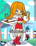  1girl artist_name blue_sky cloud coat crop_top eating english_text food gameplay_mechanics hand_on_own_hip holding holding_food holding_pizza long_hair looking_at_viewer midriff miniskirt mona_(warioware) motor_vehicle orange_hair pizza pizza_box pizza_slice ragnaroktopod red_footwear red_skirt scooter signature skirt sky smile tree warioware white_coat 