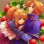  1girl blonde_hair bonjour brother_and_sister capelet clarine dutch_angle fire_emblem fire_emblem:_fuuin_no_tsurugi food fruit gloves hair_between_eyes hug klein_(fire_emblem) long_hair long_sleeves looking_at_viewer open_mouth polka_dot polka_dot_background ponytail profile purple_eyes robe short_hair siblings sidelocks smile strawberry upper_body 