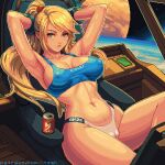  1girl alternate_costume armpits arms_behind_head arms_up bare_shoulders blinking blonde_hair blue_eyes blue_sports_bra breasts cameltoe can cockpit collarbone covered_nipples english_commentary itzah large_breasts long_hair looking_at_viewer lying metroid mole mole_under_mouth navel on_back panties patreon_username pixel_art planet ponytail samus_aran sidelocks solo space sports_bra stomach sweat thighs underwear white_panties 