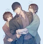  1girl 2boys akai_shuuichi black_hair black_jacket blue_background brother_and_sister brothers brown_hair commentary_request fur-trimmed_jacket fur_trim glasses haneda_shuukichi haori hat hug jacket japanese_clothes locked_arms long_sleeves looking_at_another meitantei_conan multiple_boys notice_lines numbered open_mouth sera_masumi shirt_tucked_in siblings smile upper_body yoshicha 