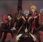  4boys all_of_love antenna_hair asymmetrical_hair bag_on_head bags_under_eyes black_hair blonde_hair blue_hair bow bowtie cigarette couch doubt_doubt earrings holding holding_cigarette ikihiyori910 jewelry multiple_boys official_alternate_costume old_child on_couch red_eyes servamp short_hair sleepy_ash smoke 