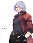  1boy bandaged_arm bandages belt_buckle black_gloves black_pants blue_eyes buckle character_name closed_mouth collared_shirt cowboy_shot dante_(devil_may_cry) dated devil_may_cry_(series) facial_hair fingerless_gloves gloves grey_hair grey_shirt hands_in_pockets hiryuu_(kugelcruor) jacket looking_at_viewer male_focus pants parted_bangs red_jacket scar scar_on_cheek scar_on_face shirt short_hair signature sleeves_rolled_up smile solo stubble white_background 