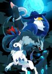  absol alternate_color animal_focus bad_id bad_pixiv_id bird blue_eyes bright_pupils claws cloud colored_sclera curled_horns full_moon glowing glowing_markings hat honchkrow horns houndoom jira007 mightyena moon night no_humans pokemon pokemon_(creature) red_eyes sharp_teeth shiny_pokemon single_horn teeth umbreon white_hair white_pupils yellow_sclera 