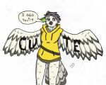  anthro avian bird body_writing bottomless bow_(feature) bow_ribbon cherry_(cxerizo) clothed clothing feathers female hi_res hoodie horned_owl kat_lunaris looking_at_viewer oversized_clothing oversized_hoodie oversized_topwear owl partially_clothed snowy_owl solo speech_bubble standing talking_to_viewer text topwear true_owl white_body white_feathers wings writing_on_wings 