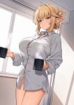  1girl absurdres aegis_(takunomi) ahoge blonde_hair breasts button_gap collared_shirt cup elf enjo_kouhai green_eyes highres holding holding_cup indoors large_breasts long_sleeves looking_at_viewer naked_shirt pointy_ears shirt short_hair solo standing takunomi thighs white_shirt window 