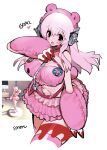  1girl :o animal_hands artist_name breasts chest_harness cleavage commentary_request cowboy_shot frilled_skirt frills gloomy_bear gloves growling hair_between_eyes harness heart highres large_breasts long_hair looking_at_viewer midriff navel nitroplus open_mouth paw_gloves photo-referenced pink_eyes pink_hair reference_inset simple_background skirt solo soreeyu_(sore-yu) super_sonico thighhighs white_background 
