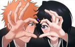  1boy 1girl :/ black_hair black_kimono bleach blush brown_eyes close-up closed_mouth commentary_request couple eyebrows_hidden_by_hair eyelashes foreshortening gwao_(_ul_13) hair_between_eyes hands_up heads_together heart heart_hands heart_hands_duo hetero highres japanese_clothes kimono korean_commentary kuchiki_rukia kurosaki_ichigo long_sleeves looking_at_another looking_to_the_side open_mouth orange_hair purple_eyes short_hair shy side-by-side simple_background spiked_hair straight_hair tsurime v-shaped_eyebrows white_background wide_sleeves 