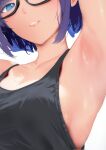  1girl a-chan_(hololive) alternate_costume armpit_focus armpits arms_up black-framed_eyewear black_tank_top blue_eyes blue_hair breasts cohi27151463 collarbone dot_nose facing_viewer glasses highres hololive lips meme parted_lips semi-rimless_eyewear short_hair sideboob small_breasts solo stomach tank_top upper_body virtual_youtuber 