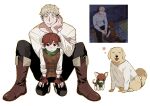  2boys animal animalization armor ashuiashui119 black_pants blonde_hair boots brown_eyes brown_footwear brown_gloves brown_hair chilchuck_tims closed_eyes closed_mouth clothed_animal dog dungeon_meshi fingerless_gloves gloves highres laios_touden leather_armor long_sleeves looking_at_viewer male_focus multiple_boys multiple_views pants reference_inset shirt simple_background sitting tongue white_background yellow_eyes 