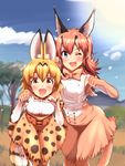  :3 :d ;d animal_ears bare_shoulders belt black_hair blonde_hair blue_eyes bow bowtie breasts brown_eyes caracal_(kemono_friends) caracal_ears caracal_tail cloud day extra_ears eyebrows_visible_through_hair fang fangs hair_between_eyes high-waist_skirt highres kemono_friends leaning_forward long_hair looking_at_viewer medium_breasts multicolored_hair multiple_girls one_eye_closed oops open_mouth orange_hair outdoors paw_pose serval_(kemono_friends) serval_ears serval_print serval_tail shirt skirt sky sleeveless sleeveless_shirt smile standing striped_tail sun tail tree two-tone_hair v-shaped_eyebrows white_shirt 