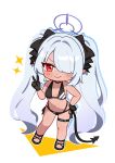  1girl absurdres bare_arms bare_legs bare_shoulders bikini black_bikini black_choker black_gloves black_tail blue_archive blush breasts choker closed_mouth dark-skinned_female dark_skin demon_tail full_body gloves grey_hair hair_over_one_eye halo highres iori_(blue_archive) iori_(swimsuit)_(blue_archive) jorang_(jorang08) long_hair looking_at_viewer navel official_alternate_costume pointy_ears purple_halo red_eyes sandals simple_background small_breasts smile solo sunglasses swimsuit tail twintails v white_background 
