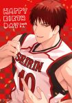  1boy basketball_jersey checkered_background chirol22 confetti dated happy_birthday kagami_taiga kuroko_no_basuke light_smile looking_at_viewer male_focus parted_lips red_background red_eyes red_hair short_hair sleeveless solo teeth upper_body 