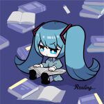  1girl alternate_costume aqua_dress black_footwear blue_eyes blue_hair book bright_pupils chibi chibi_only closed_mouth collared_dress dress english_text hatsune_miku highres holding holding_book long_hair long_sleeves nano_393 open_book reading shoes sitting solo twintails very_long_hair vocaloid white_pupils 