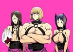  2boys artist_name black_hair blonde_hair blush_stickers bob_cut breasts closed_eyes cosplay crossdressing crossed_arms edo_mond_(edoedoedomond) fate/extra fate/extra_ccc fate/grand_order fate/zero fate_(series) glasses huge_breasts long_hair lord_el-melloi_ii minamoto_no_raikou_(fate/grand_order) multiple_boys o-ring o-ring_top opaque_glasses passion_lip passion_lip_(cosplay) pectorals pink_background rectangular_eyewear sakata_kintoki_(fate/grand_order) shiny shiny_skin simple_background sunglasses upper_body waver_velvet 