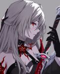  1girl acheron_(honkai:_star_rail) bare_shoulders black_choker blood blood_from_eyes body_markings breasts choker cleavage commentary detached_sleeves flower fuoi grey_background hair_ornament hand_up highres holding holding_sword holding_weapon honkai:_star_rail honkai_(series) long_hair looking_at_viewer red_eyes red_flower simple_background solo sword weapon 