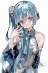  1girl aqua_eyes aqua_hair aqua_nails aqua_necktie bare_shoulders blush breasts broken_miku&#039;s_tail_(meme) closed_mouth collared_shirt commentary derivative_work detached_sleeves hair_between_eyes hand_to_own_mouth hatsune_miku hatsune_miku_(noodle_stopper) head_tilt headphones highres long_hair looking_at_viewer meme nail_polish necktie number_tattoo shirt side_ponytail signature sleeveless sleeveless_shirt small_breasts smile solo symbol-only_commentary tattoo upper_body utsuhostoria very_long_hair vocaloid white_background wide_sleeves 