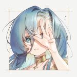  1girl 37_(reverse:1999) blue_eyes blue_hair commentary gold_choker hair_between_eyes hand_over_eye hand_up long_hair looking_at_viewer open_hand parted_lips paxio44 portrait reverse:1999 solo white_background 
