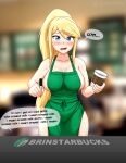  1girl absurdres apron blonde_hair blue_eyes blurry blurry_background blush brand_name_imitation breasts canadiananiguy cup disposable_cup high_ponytail highres holding holding_cup holding_marker iced_latte_with_breast_milk_(meme) large_breasts long_hair looking_at_viewer marker meme metroid mole mole_under_mouth naked_apron open_mouth raised_eyebrows samus_aran speech_bubble starbucks sweatdrop very_long_hair 