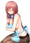  1girl :t apron areola_slip bare_shoulders black_pantyhose blue_eyes blush breasts brown_hair brown_pantyhose cleavage closed_mouth commentary_request furrowed_brow ginhaha go-toubun_no_hanayome hair_between_eyes headphones headphones_around_neck highres large_breasts long_hair looking_at_viewer nakano_miku nearly_naked_apron nose_blush pantyhose pout solo 