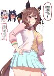  3girls absurdres agnes_digital_(umamusume) agnes_digital_(umamusume)_(cosplay) animal_ears bag belt belt_buckle between_breasts blue_hair blue_skirt bow breasts brown_hair brown_hat buckle commentary_request cosplay covering_own_mouth cowboy_shot dochi_uma564 ear_bow ear_covers ear_ornament ears_through_headwear gentildonna_(umamusume) gold_ship_(umamusume) grey_hair hair_between_eyes handbag hat highres horse_ears horse_girl horse_tail jacket laughing multicolored_hair multiple_girls open_clothes open_jacket pillbox_hat pink_bag pink_jacket pleated_skirt purple_bow shirt simple_background skirt speech_bubble strap_between_breasts streaked_hair tail translation_request umamusume verxina_(umamusume) white_background white_belt yellow_shirt 