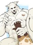  2023 5_fingers abs absurd_res anthro belly_rub biceps biped black_eyebrows black_nose brown_body brown_fur brown_hand canid canine colored disembodied_hand eyebrows facial_scar fingers fox fur gingitsune gintaro hi_res humanoid_hands inner_ear_fluff lexferran male mammal multicolored_body multicolored_fur muscular muscular_anthro muscular_male muscular_thighs nipples one_eye_closed pecs pink_nipples scar signature simple_background solo_focus tuft white_body white_fur yellow_eyes 