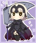  1girl absurdres ahoge armor armored_dress black_cloak black_dress black_gloves black_thighhighs blush breasts chibi cloak closed_mouth commentary_request dress fate/grand_order fate_(series) flag full_body fur-trimmed_cloak fur_trim gloves headpiece highres holding holding_flag jeanne_d&#039;arc_alter_(avenger)_(fate) jeanne_d&#039;arc_alter_(fate) light_brown_hair medium_breasts outline purple_background sheath smile solo sparkle standing thighhighs white_outline yuya090602 