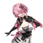  1girl absurdres ahoge armor belt_pouch black_gloves black_sash breasts chinese_knot cleavage collarbone commentary detached_sleeves dress gauntlets gloves hair_ornament hair_over_one_eye highres index_finger_raised jewelry large_breasts looking_at_viewer low-tied_sidelocks one_eye_covered pink_hair pink_tassel pleated_skirt pointing pointing_at_self pouch purple_eyes ring sash short_hair short_sleeves shoulder_armor simple_background skirt smile solo swept_bangs taoqi_(wuthering_waves) tassel upper_body white_background white_dress wuthering_waves xindongfang_chaocai_dashi 