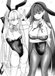  2girls animal_ears blue_archive blush bow bowtie breasts cleavage closed_mouth covered_navel detached_collar fake_animal_ears high_heels highres large_breasts leotard long_hair medium_breasts multiple_girls official_alternate_costume open_mouth pantyhose rabbit_ears rio_(blue_archive) strapless strapless_leotard thighhighs toki_(blue_archive) toki_(bunny)_(blue_archive) tsuno_(tnngur) wrist_cuffs 