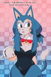  absurd_res anthro bell big_breasts blue_background blue_body blue_clothing blue_eyes blue_fur blue_leotard blush blush_lines bow_tie breasts checkered checkered_background cleavage clothed clothing crossgender cuffs_(clothing) dialogue dipstick_tail domestic_cat dragon_ball eyelashes felid feline felis female fur garbagioni hi_res leotard mammal markings open_mouth pattern_background pink_background puar_(dragon_ball) red_bow_tie simple_background solo tail tail_markings tan_body tan_fur text thick_thighs whiskers wide_hips 