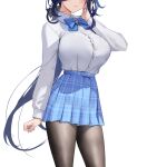  1girl alternate_costume black_pantyhose blue_bow blue_bowtie blue_hair blue_skirt bow bowtie bralines button_gap clorinde_(genshin_impact) closed_mouth collared_shirt dark_blue_hair genshin_impact hand_up head_out_of_frame high-waist_skirt highres long_hair low_ponytail pantyhose plaid plaid_skirt school_uniform shirt shirt_tucked_in simple_background skirt solo taut_clothes taut_shirt unfinished very_long_hair white_background white_shirt zero_pi 