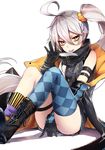  ahoge argyle argyle_legwear arm_strap asymmetrical_legwear between_legs black_gloves black_legwear boots combat_boots commentary girls_frontline gloves grey_hair hair_between_eyes hair_ornament hair_scrunchie hand_between_legs holding holding_knife jacket_pull knife long_hair looking_at_viewer luse_maonang pkp_(girls_frontline) scrunchie side_ponytail silver_hair simple_background sitting sleeveless smile solo striped striped_legwear thighs tongue tongue_out tsurime vertical-striped_legwear vertical_stripes very_long_hair white_background yellow_eyes yellow_legwear 