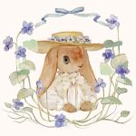  animal animal_focus blue_ribbon bow bowtie clothed_animal collared_dress cropped_torso dress floppy_ears flower frilled_sleeves frills hat hat_flower high_collar highres long_sleeves no_humans original pansy purple_flower rabbit ribbon simple_background solo straw_hat tono_(rt0no) white_background white_bow white_bowtie white_dress wide_brim yellow_hat 