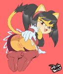  absurd_res accessory anthro anus bangs big_breasts black_hair blush breasts butt clothed clothing felid feline female flashing fur genitals gloves hair hair_accessory hairband handwear hi_res honey_the_cat kneeling mammal midmelt nipple_outline no_underwear orange_eyes pussy sega solo sonic_the_fighters sonic_the_hedgehog_(series) twintails_(hairstyle) upskirt yellow_body yellow_fur 