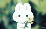  animal_focus ayu_(mog) black_eyes blurry blurry_background blush bright_pupils bubble closed_mouth flower holding holding_flower light_particles looking_at_viewer no_humans original rabbit signature smile solo white_pupils yellow_flower 