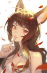  1girl absurdres ahri_(league_of_legends) animal_ear_fluff animal_ears artist_name bare_shoulders black_hair closed_mouth commentary english_commentary facial_mark falling_petals finger_to_mouth fingernails fox_ears hair_between_eyes highres league_of_legends long_hair looking_at_viewer nail_polish official_alternate_costume petals potatohell red_eyes red_nails red_petals risen_legend_ahri sidelocks simple_background smile solo upper_body whisker_markings white_background 