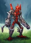  arm_cannon bionicle english_commentary glowing glowing_eyes grass head_tilt highres humanoid_robot kanohi_(bionicle) kory_cromie looking_at_viewer mask orange_eyes robot shadow shield standing tahu_(bionicle) the_lego_group weapon 