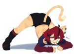  1girl :d aeiou_(yoako) ahoge animal_ear_fluff animal_ears animal_nose arched_back ass black-framed_eyewear black_hair black_shorts black_socks blue_eyes cat_ears cat_girl cat_tail commentary constricted_pupils crop_top ear_piercing earclip english_commentary english_text full_body furry furry_female glasses hair_between_eyes hair_ornament highres jack-o&#039;_challenge layered_sleeves long_sleeves looking_at_viewer loose_socks midriff multicolored_hair open_mouth original piercing red_hair sharp_teeth short_hair short_over_long_sleeves short_shorts short_sleeves shorts simple_background smile socks solo spread_legs tail tail_through_clothes tearing_up teeth top-down_bottom-up trembling two-tone_hair white_background wide_spread_legs x_hair_ornament yoako 